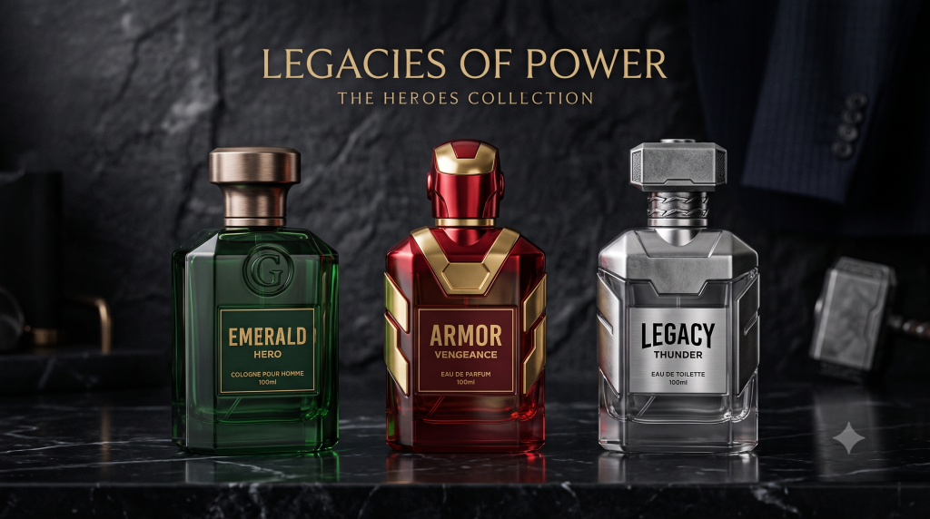 AI visualization of the official 2012 Avengers cologne line featuring glass fragrance bottles inspired by Hulk, Iron Man, and Thor.