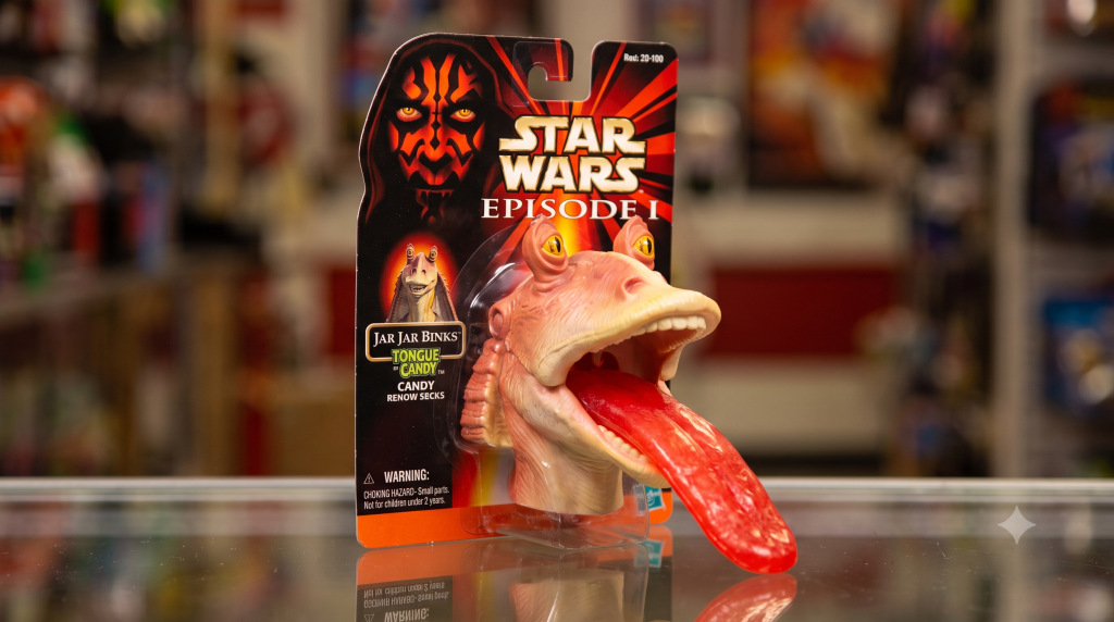 AI recreation of the bizarre 1999 Star Wars Episode I Jar Jar Binks Monster Mouth candy dispenser toy.