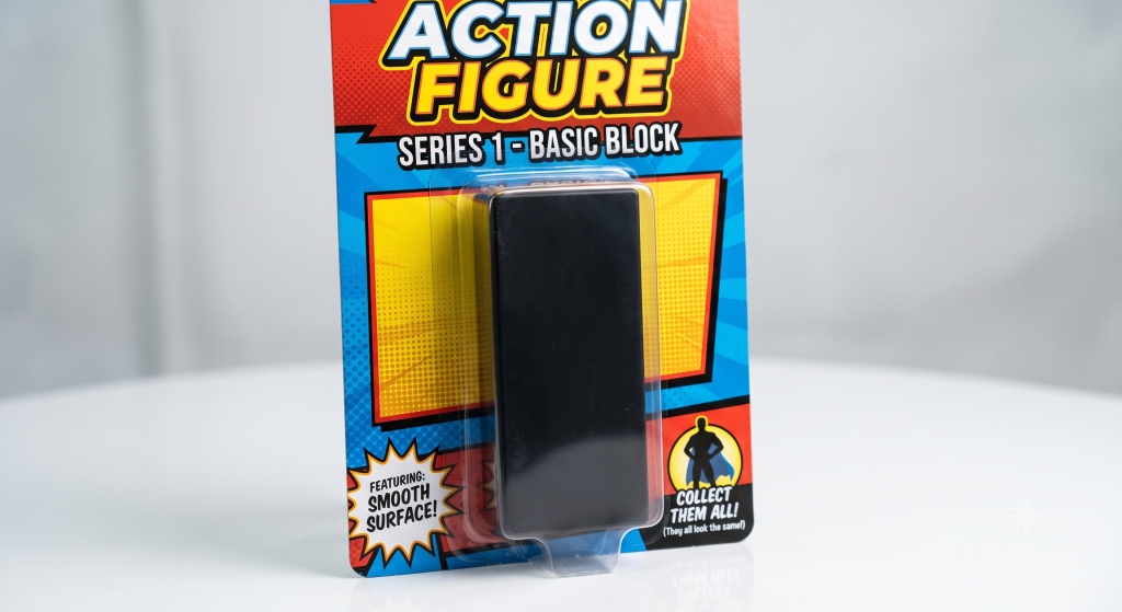 AI recreation of the sarcastic 2001: A Space Odyssey Monolith action figure in its original blister pack packaging.