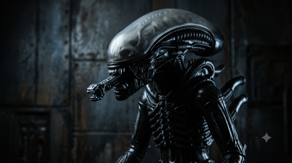 AI visualization of the recalled 18-inch 1979 Kenner Xenomorph action figure from the sci-fi horror movie Alien.