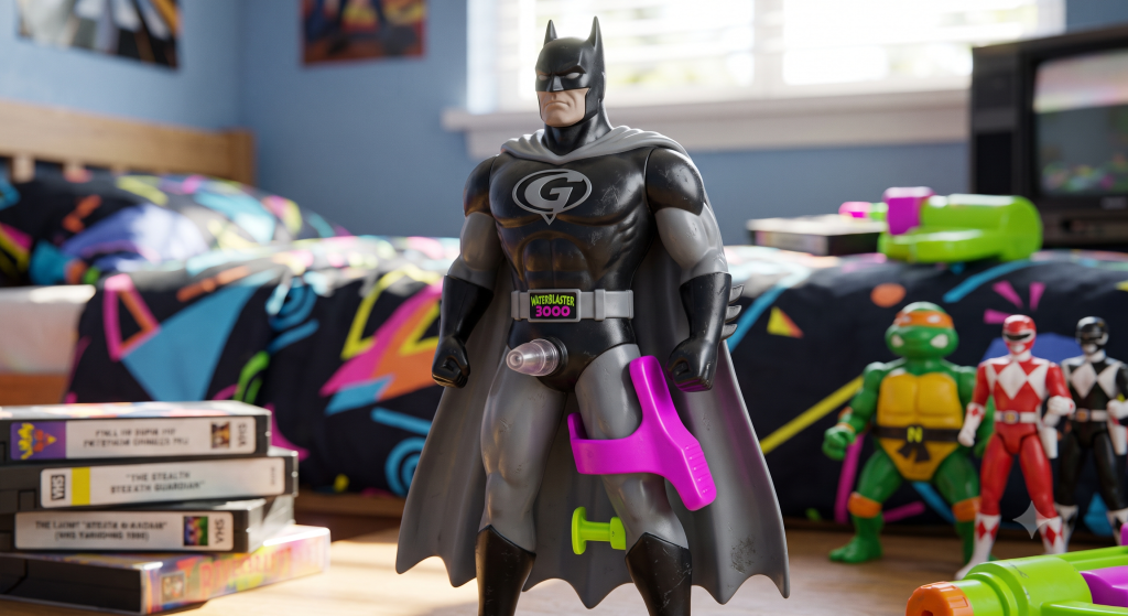 AI interpretation of the notoriously poorly designed 1990s Batman water gun featuring an awkwardly placed pump trigger.