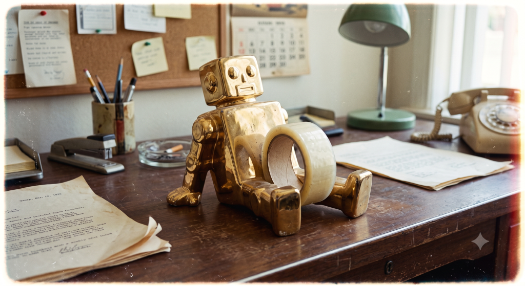 AI-generated stand-in of the suggestive 1980s Star Wars C-3PO ceramic tape dispenser sitting on a wooden office desk.