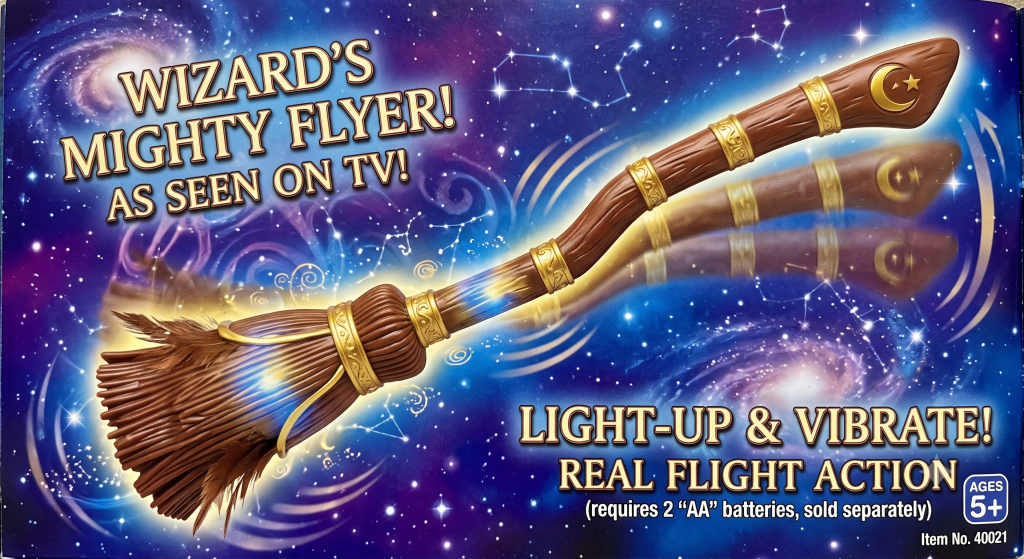 AI interpretation of the packaging for the controversial 2001 vibrating Harry Potter Nimbus 2000 broomstick toy.