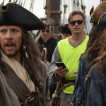 A cinematic shot on a pirate ship deck featuring a pirate captain in a tricorn hat pointing intensely off-camera. In the background, clearly visible among the costumed crew, an out-of-place extra completely breaks the illusion by wearing modern dark sunglasses, a bright neon-yellow safety vest, and holding a smartphone.