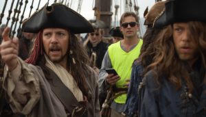 A cinematic shot on a pirate ship deck featuring a pirate captain in a tricorn hat pointing intensely off-camera. In the background, clearly visible among the costumed crew, an out-of-place extra completely breaks the illusion by wearing modern dark sunglasses, a bright neon-yellow safety vest, and holding a smartphone.