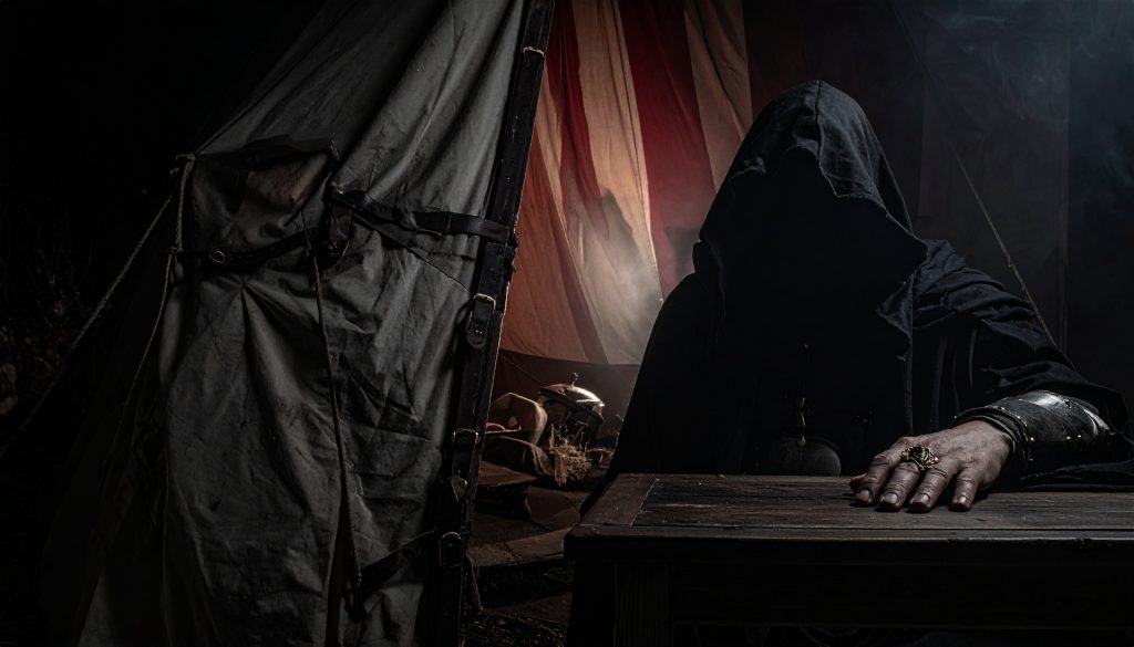 A shadowy, mysterious figure claiming to be the dead Emperor sits completely obscured in darkness