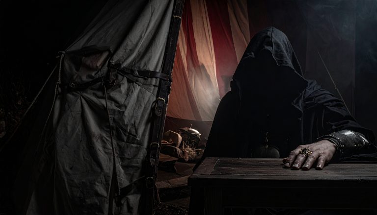 A shadowy, mysterious figure claiming to be the dead Emperor sits completely obscured in darkness