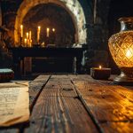 A dusty wooden medical table in a dimly lit crypt featuring a glowing ornate crystal vase on the far right edge.