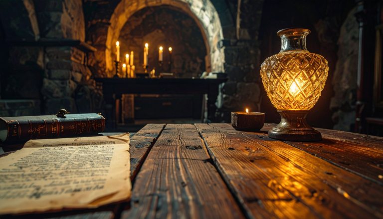 A dusty wooden medical table in a dimly lit crypt featuring a glowing ornate crystal vase on the far right edge.