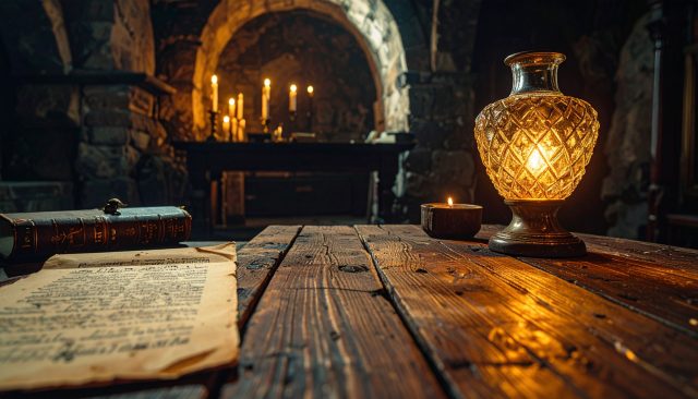 A dusty wooden medical table in a dimly lit crypt featuring a glowing ornate crystal vase on the far right edge.