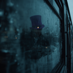 A dark, cinematic reflection in an icy train window reveals a shadowy figure wearing a purple top hat looking out at a snowy landscape, illustrating one of the unhinged movie theories connecting Willy Wonka and Snowpiercer.