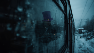 A dark, cinematic reflection in an icy train window reveals a shadowy figure wearing a purple top hat looking out at a snowy landscape, illustrating one of the unhinged movie theories connecting Willy Wonka and Snowpiercer.
