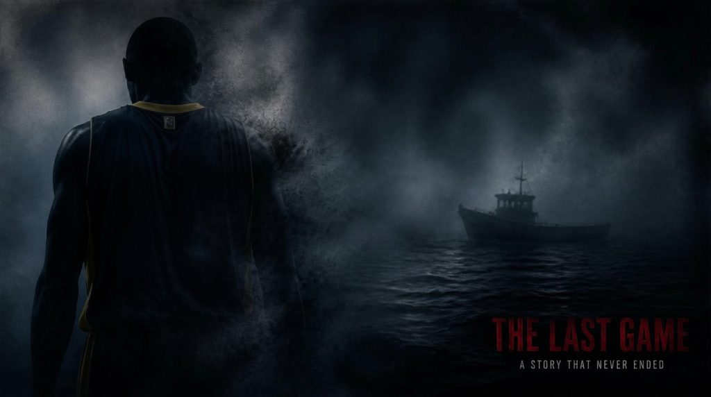 A dark, moody silhouette of a basketball player fading into fog beside a dark ocean and a distant boat, representing famous athletes who mysteriously vanished without a trace. Red text in the corner reads: THE LAST GAME - A STORY THAT NEVER ENDED