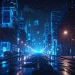 A dark, moody city street at night illuminated by streetlights, but the buildings on the far left and right edges are glitching and dissolving into floating glowing blue digital cubes and wireframe meshes.