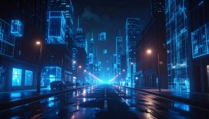 A dark, moody city street at night illuminated by streetlights, but the buildings on the far left and right edges are glitching and dissolving into floating glowing blue digital cubes and wireframe meshes.