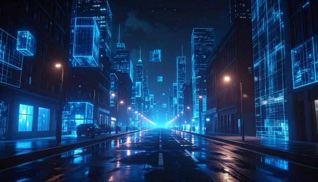 A dark, moody city street at night illuminated by streetlights, but the buildings on the far left and right edges are glitching and dissolving into floating glowing blue digital cubes and wireframe meshes.