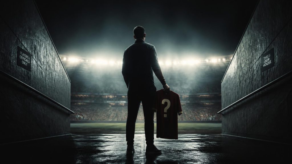 A mysterious silhouetted man stands in a dark stadium tunnel looking out at a brightly lit field, holding a red sports jersey with a large question mark on it, as seen in the file Elaborate Impostors in Sports History.