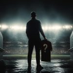 A mysterious silhouetted man stands in a dark stadium tunnel looking out at a brightly lit field, holding a red sports jersey with a large question mark on it, as seen in the file Elaborate Impostors in Sports History.