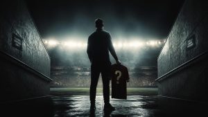 A mysterious silhouetted man stands in a dark stadium tunnel looking out at a brightly lit field, holding a red sports jersey with a large question mark on it, as seen in the file Elaborate Impostors in Sports History.