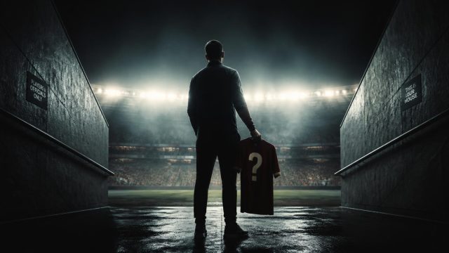 A mysterious silhouetted man stands in a dark stadium tunnel looking out at a brightly lit field, holding a red sports jersey with a large question mark on it, as seen in the file Elaborate Impostors in Sports History.