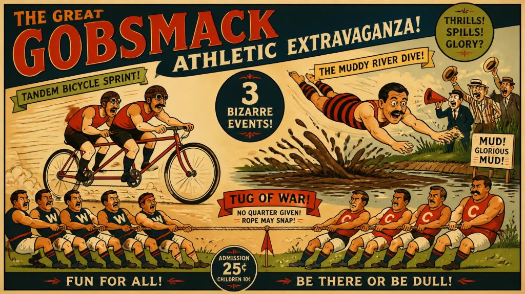 A vintage-style illustrated poster titled "The Great Gobsmack Athletic Extravaganza!" showcasing three bizarre olympic events: two athletes racing in a tandem bicycle sprint, a man in a striped swimsuit diving into a swampy river, and two opposing teams straining in a tug of war match.