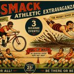 A vintage-style illustrated poster titled "The Great Gobsmack Athletic Extravaganza!" showcasing three bizarre olympic events: two athletes racing in a tandem bicycle sprint, a man in a striped swimsuit diving into a swampy river, and two opposing teams straining in a tug of war match.