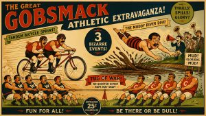 A vintage-style illustrated poster titled "The Great Gobsmack Athletic Extravaganza!" showcasing three bizarre olympic events: two athletes racing in a tandem bicycle sprint, a man in a striped swimsuit diving into a swampy river, and two opposing teams straining in a tug of war match.