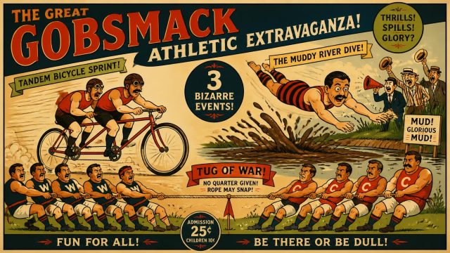 A vintage-style illustrated poster titled "The Great Gobsmack Athletic Extravaganza!" showcasing three bizarre olympic events: two athletes racing in a tandem bicycle sprint, a man in a striped swimsuit diving into a swampy river, and two opposing teams straining in a tug of war match.