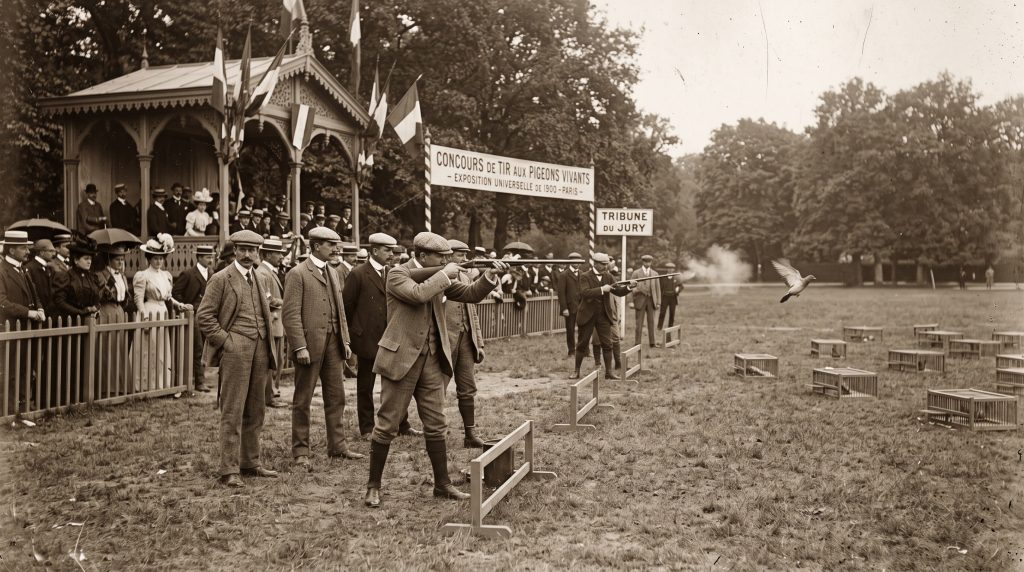 A sepia-toned historic photograph of men with shotguns participating in the live pigeon shooting olympic sport on a grass field, showing a pigeon in mid-air and spectators watching from a grandstand.