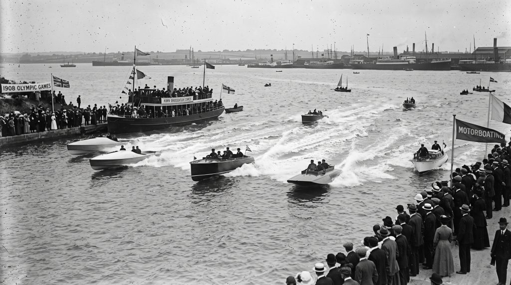 A black and white historic photograph of the motorboating olympic sport in open water, showing vintage boats racing past crowds on the shoreline and spectator vessels.