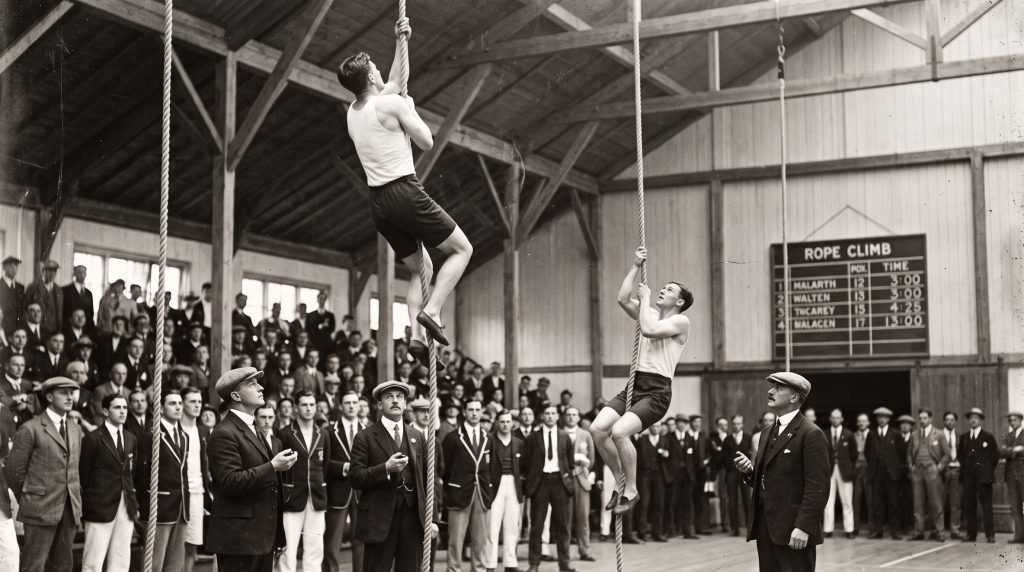 A black and white historic photograph of two male athletes competing in the rope climbing olympic sport, scaling thick vertical ropes inside a wooden gymnasium above a seated crowd.