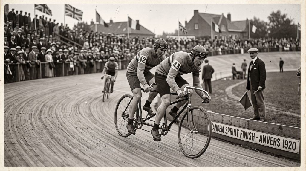 A black and white historic photograph of two male cyclists competing in the tandem bicycle sprint olympic sport, racing on a wooden velodrome track in front of a large crowd.