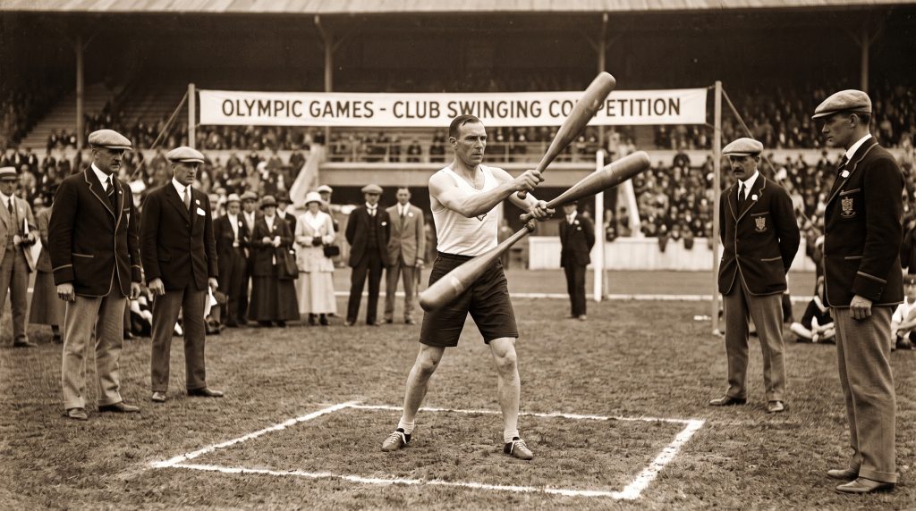 A sepia-toned historic photograph of a male athlete performing the club swinging olympic sport on a grass field, holding two wooden clubs and surrounded by formally dressed officials.