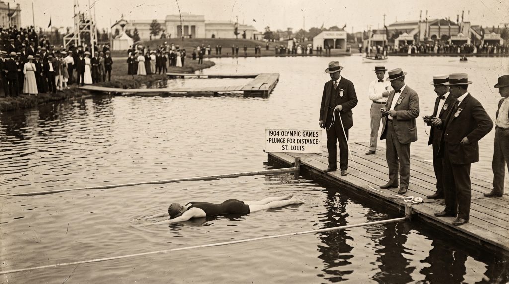 A sepia-toned historic photograph of a man floating face down in a lake for the plunge for distance olympic sport, while officials in suits and hats watch from a wooden dock.