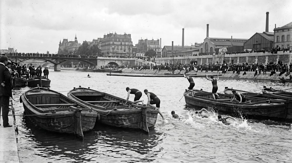 A black and white historic photograph of the 200m swimming obstacle race olympic sport in Paris, showing athletes swimming in a river and actively climbing over a row of moored wooden boats.