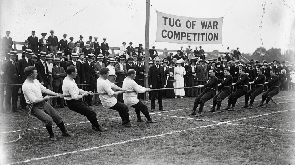 A black and white historic photograph of the motorboating olympic sport in open water, showing vintage boats racing past crowds on the shoreline and spectator vessels.