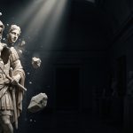 a dramatic visual metaphor: a magnificent classical marble statue of a generic armored hero (left) that is literally cracking and crumbling, revealing a common, plain person hidden and peering out from inside the hollow interior (right).