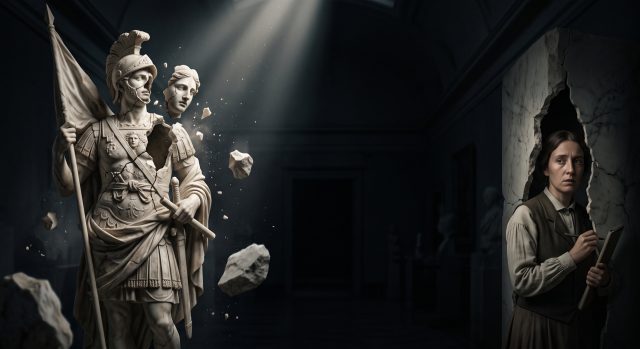 a dramatic visual metaphor: a magnificent classical marble statue of a generic armored hero (left) that is literally cracking and crumbling, revealing a common, plain person hidden and peering out from inside the hollow interior (right).