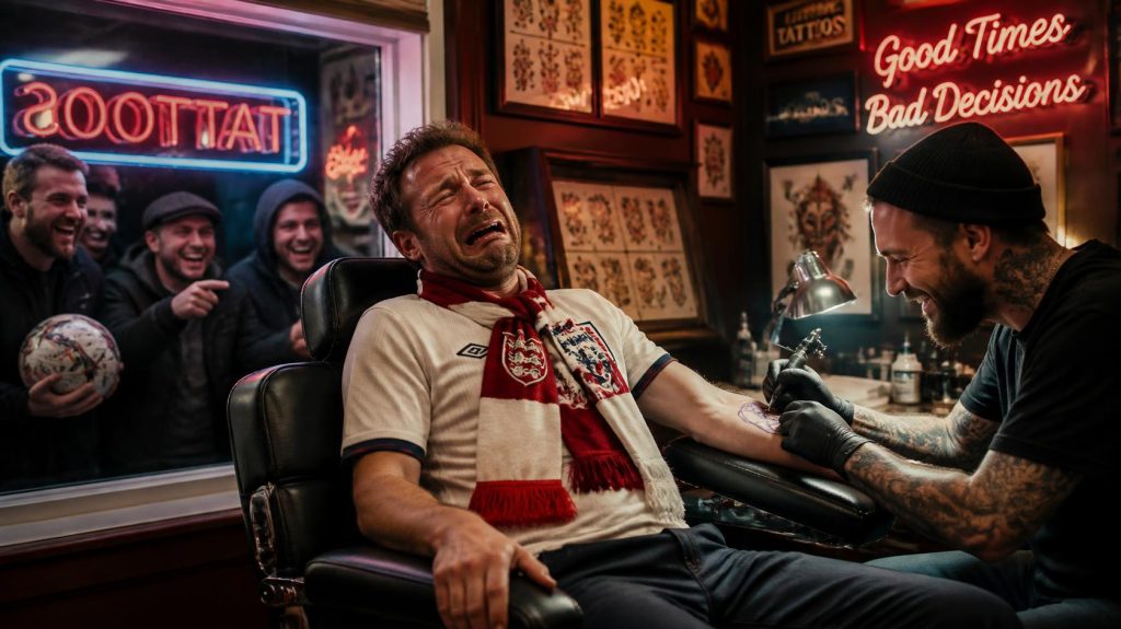 Crying football fan in a scarf getting a forfeit tattoo after a lost sports bet while his friends laugh through the window.